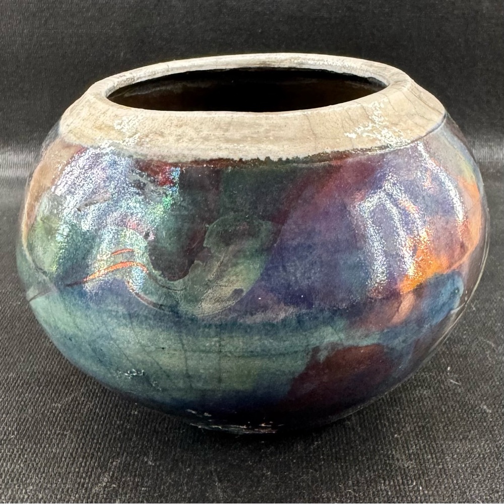 Iridescent Raku Pottery Vase Bowl Artist Signed 4” Diameter
